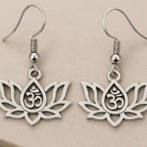 Lotus Om Dangle Earrings: Silver tone Spiritual Jewelry; Earring Gift